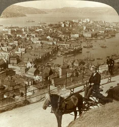 Bergen, väster om Floifjeld, över hamnhögern och Puddefjord avlägsen, Norge, c1905.