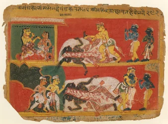 Bhima skivor Jarasandha: sida från Bhagavata Purana Manuscript, ca. 1540.