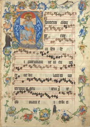 Bifolium med Kristus i Majestät i ett initialt A, från ett antifonarium, ca. 1405.