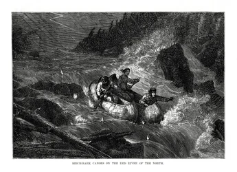 Björkbarkkanoter på Red River of the North, USA, 1877