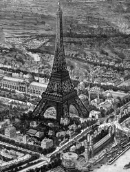 Fågelperspektiv av Eiffeltornet vid tiden för invigningen av Parisutställningen 1889