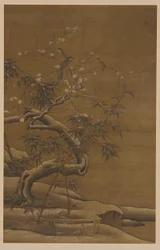 Fåglar, plommonblommor och bambu på vintern, 1500-talet.