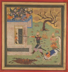 Bizhan tvingar Farud att dra sig tillbaka till sitt fort, Folio från en Shahnama Book of Kings, c1430-40.