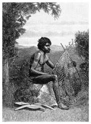 Svart man som lagar sitt nät, Australien, 1886