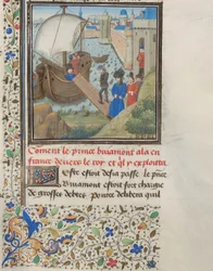 Bohemond I av Antiochia reste tillbaka till Apulien. Miniatyr från Historia av William av Tyrus, 1460-talet
