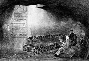 Botten av ett gropschakt i en kolgruva med ett tåg av lastade vagnar, 1860