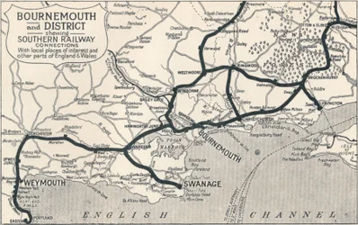 Bournemouth och distriktet, visar Southern Railway-förbindelser, 1929
