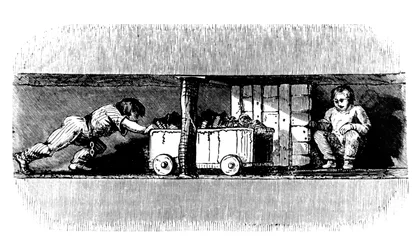 Pojke som skjuter en lastbil lastad med kol från kolytan till botten av gropschaktet, c1848