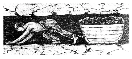 Pojkputter som släpar en släde med kol längs en smal söm, södra Wales, 1848