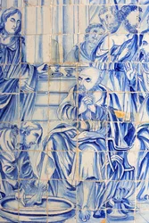 Brasilien, Bahia, Salvador: Azulejo i Bonfim-kyrkan: Jesus tvättar en lärjungeavgift