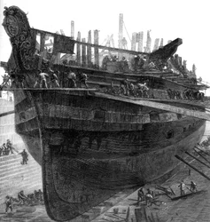 Att bryta upp sjukhusfartyget Dreadnought vid Chathams varv, 1875
