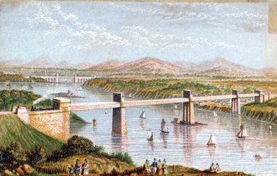 Britannia Tubular Bridge över Menai Straits, Wales, c1850-talet