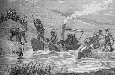Brittiska soldater skär en damm byggd av Arabi vid Mahuta, c1882.