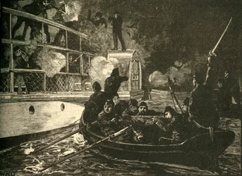 Brittiska styrkor fångade det kanadensiska rebellskeppet Caroline på Niagarafloden, 1837 c1890.