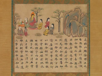 Buddha Preaching, ett avsnitt från den illustrerade Sutran av tidigare och nuvarande karma..., mitten av 800-talet.