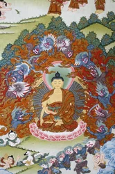 Buddha Sakya Muni omgiven av frestelser. Thangka, Bhaktapur, Nepal