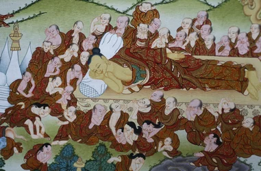 Buddhas död och Parinirvana. Thangka, Bhaktapur, Nepal
