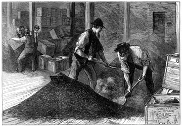 Bulkande te på ett telager, 1874
