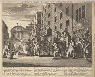 Burning the Rumps at Temple Bar Plate 11: Illustrationer till Samuel Butlers Hudibras, 1725-30.