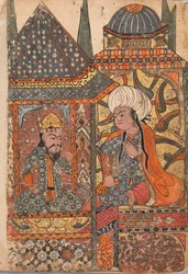 Burzuyeh tillkallas av Nushirvan vid hans återkomst från Indien, Folio från en Kalila..., 1700-talet.