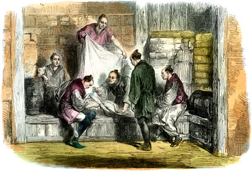 Köper kamletter i en butik, Yokohama, Japan, 1865