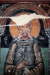 Bysantinsk fresk från 1400-talet (detalj) Saint Sabas Väggmålning Michael Archangel Chapel, Galata by Cypern Målade kyrkor UNESCO-plats Troodos, Cypern