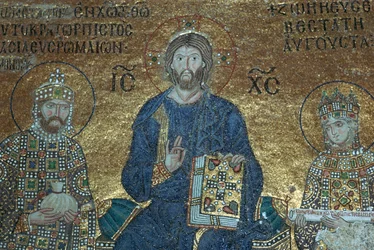 Bysantinsk mosaik som visar Kristus tronande mellan jordiska härskare, 1100-talet