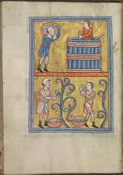 Kalender, september, män som plockar och trampar druvor - Psalter av Eleanor av Aquitaine (ca. 1185) - KB 76 F 13, folium 009v