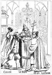 Calvin, Luther och påven kämpar mot varandra, publicerad 1600