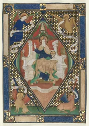 Kanonsida från ett missal: Kristus i majestät med evangelister, ca. 1410.