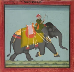 Kaparisonerad elefant med en mahout, daterad 1761.