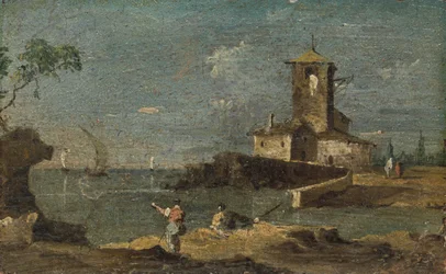 Capriccio med ett fyrkantigt torn och två hus, 1700-tal.