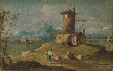 Capriccio med en ö, ett torn och hus, 1700-talet.
