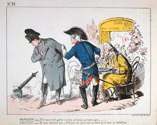 Karikatyr av Napoleon I som tittar på Colonne de Vendomes fall, Paris kommun, 1871.