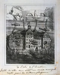 Tecknad filmförslag om att bygga om Hotel de Ville under vatten för att förhindra brand, Paris Commune, 1871.