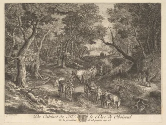Vagnar på en väg genom skogen efter en målning i samlingen av Duc de Choiseul, 1771.