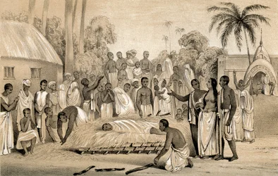 Ceremoni för att bränna en hinduisk änka med kroppen av sin bortgångne man, 1847