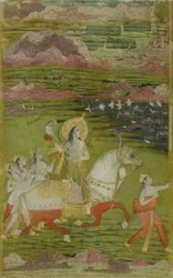Chand Bibi Hawking med skötare i ett landskap, ca. 1700.