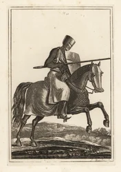 Laddande riddare från 1100- och 1200-talet i ringbrynja hauberk, platt hjälm, lans, värmesköld, shin pansar jamesons, krigssadel