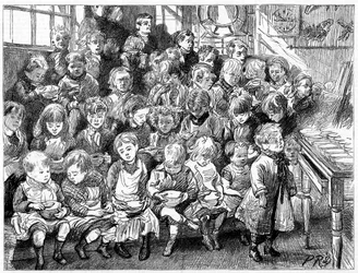 Barn som väntar på soppa vid middagen, London Board School, Denmark Terrace, Islington, 1889