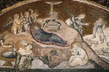 Chora kyrka museum: Jesu födelse mosaik (Maria vilar efter att ha fött, Josef sitter) Istanbul Turquie