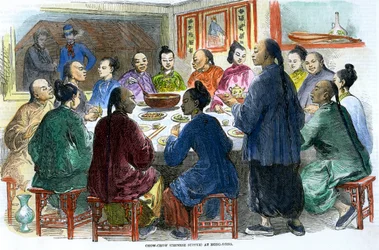 Chow-chow kinesisk kvällsmat i Hong Kong, c1875