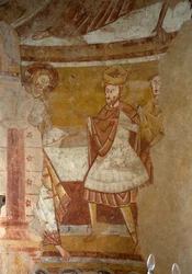 Kyrka (Église Saint-Martin). Interiör. Apsiden. Väggmålningar (fresk). Detalj. Jesus vid Herodes hov. 1100-talet.