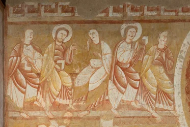 Kyrka (Église Saint-Martin). Interiör. Väggmålningar (fresk). Vagnhusets västra vägg. Detalj. Apostlar. 1100-talet.