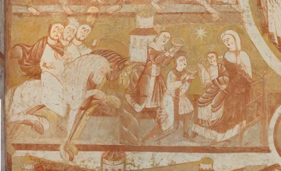 Kyrka (Église Saint-Martin). Interiör. Väggmålningar (fresk). Vagnhusets västra vägg. Detalj. Magiernas ankomst, tillbedjan av magierna. 1100-talet.
