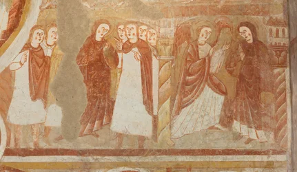 Kyrka (Église Saint-Martin). Interiör. Väggmålningar (fresk). Vagnhusets västra vägg. Detalj. Anklagelse och tillkännagivande av Jungfrun. 1100-talet.