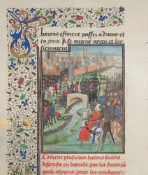 Sammandrabbning mellan baronernas och saracenernas armé. Miniatyr från Historia av William av Tyrus, 1460-talet