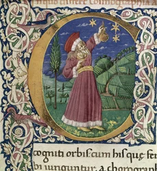 Claudius Ptolemaios. Detalj av en historisk initial C Cosmographia, andra hälften av 1400-talet.
