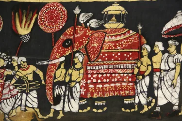Tygtryck som föreställer den heliga Buddha-tandreliken pilgrimsfärd i Kandy, Sri Lanka Paris Frankrike
