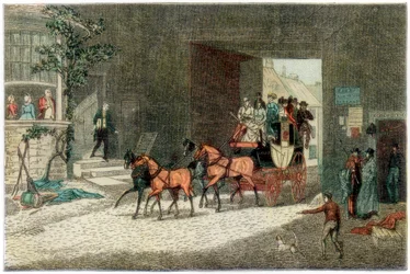 Buss anländer till gården till ett värdshus, 1890